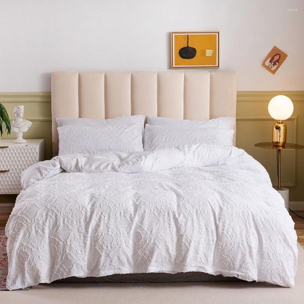 Conjuntos de ropa de cama Juego de ropa de cama simple de moda con funda de almohada Funda nórdica floral de jaquard blanco Adultos Tamaño de EE. UU. UE Doble