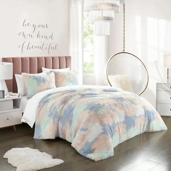 Ensembles de literie fausse fourrure arc-en-ciel Pastel ensemble de couette double XL vache imprimé housse de couette ensemble de literie kawaii Kawaii coton 231020