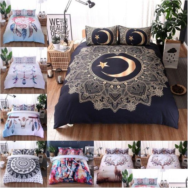 Ensembles de literie Ensemble de motifs de plumes Mandala Boho Er Elephant Moose 2 / 3Pcs Lit Pas de feuille de remplissage Drop Delivery Home Garden Textiles Suppli Dh7C6