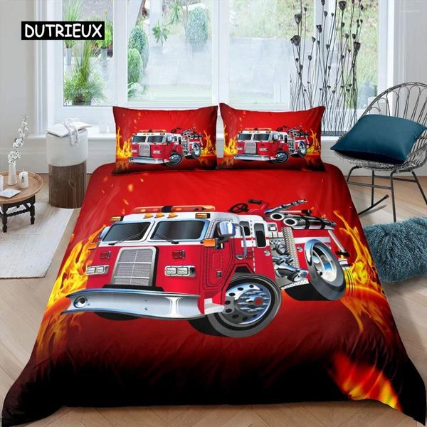 Conjuntos de ropa de cama Camión de bomberos Juego de funda nórdica Niños Bomberos Vehículo de coche para niños Patrón de motor de bomberos Edredón tamaño king