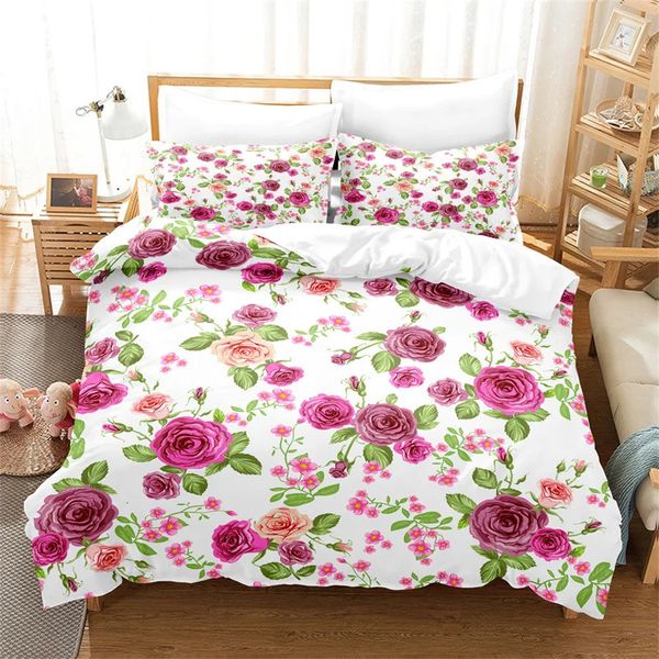 Juegos de cama Juego de funda nórdica floral para dormitorio con diseño de rosas, tamaño Queen y King, 231017
