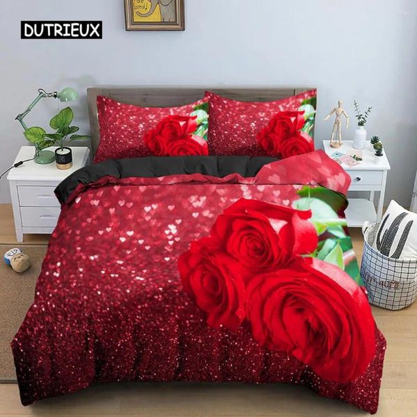 Conjuntos de ropa de cama Conjunto de cubierta de edredón floral Poliéster de tamaño completo Luxury 3d Red Rose edredón romántico 2/3pcs para pareja