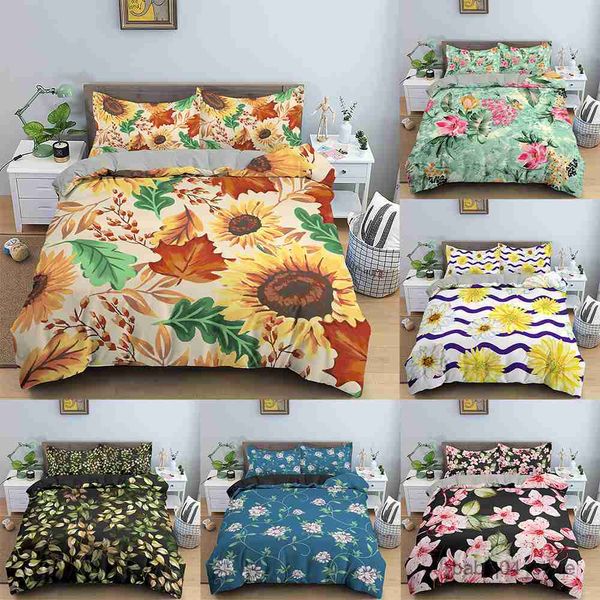 Juegos de ropa de cama Juego de ropa de cama con estampado de hojas florales, funda nórdica suave y transpirable con cierre de cremallera, funda de edredón de varios tamaños, textiles para el hogar R230901