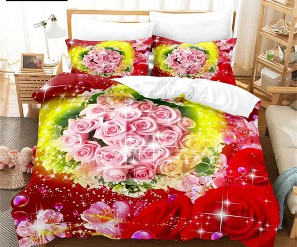 Ensemble de literie Flower Coupue Cover Set Lit Single Red Rose Rose Quilt 3D Couetter Sets 3pcs with Case King Size Full Wedding H240521 HCCY