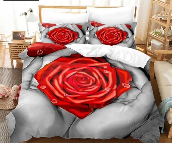 Ensembles de literie Flower Coupue Cover Set Lit Single Red Rose Rose Quilt 3D Couetter Sets 3pcs avec Case King Size Full Wedding H240521 JKS4