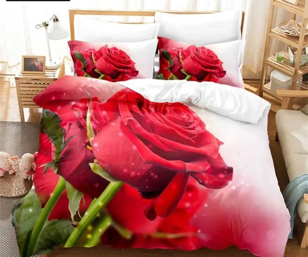 Ensemble de literie Flower Huite Cover Set Lit Single Red Rose Rose Quilt 3D Couetter Sets 3pcs avec Case King Size Full Wedding H240521 7049