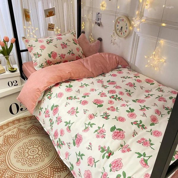 Conjuntos de ropa de cama Juego de estampado de flores Individual 3 piezas Funda nórdica Sábana de cama Funda de almohada Niños Niñas Niños Dormitorio Decoración Lino