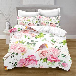 Beddengoed sets Bloemen Dekbedovertrek Koning Koningin Aquarel Bloemen Set Kleurrijke Groene Blad Vogel Polyester Dekbed voor Vrouwen 230809