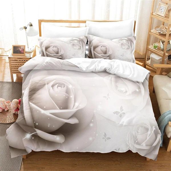 Conjuntos de ropa de cama Flores Juego de funda nórdica Impresión 3D Blanco Rosa Edredón fresco Tamaño King para niñas Mujeres Amante Pareja Poliéster