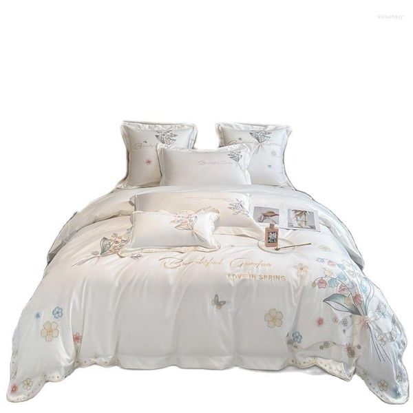 Conjuntos de ropa de cama Flores Bordadas Princesa Blanco Funda nórdica Plana / Sábana ajustable Fundas de almohada Algodón Color sólido Conjunto de lujo