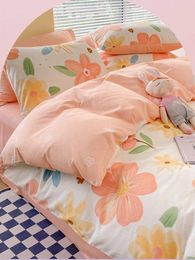 Conjuntos de ropa de cama de cuatro piezas de algodón fresco de doble cara con estampado de flores a juego, teñido, moda simple, textiles para el hogar engrosados para mujeres