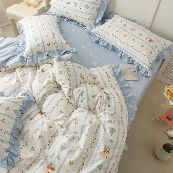 Conjuntos de ropa de cama de cuatro estaciones, encaje de algodón universal, 4 piezas, estilo princesa, funda de edredón, sábana, almohada, cama doble transpirable suave