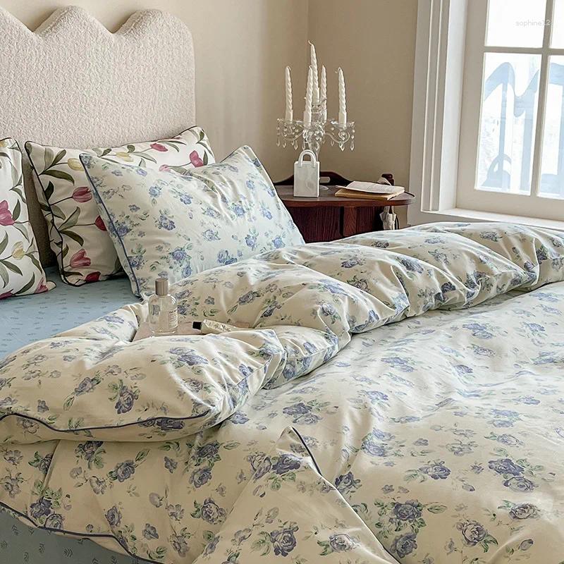 Sängkläder set franska blommigt tryck täcke täcke set ark med örngott bomullsäng fyrdel king size singel dubbel