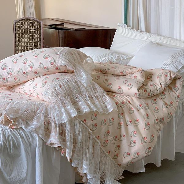 Juegos de cama de ropa de cama Flores de hilo de doble capa de princesa de algodón de algodón