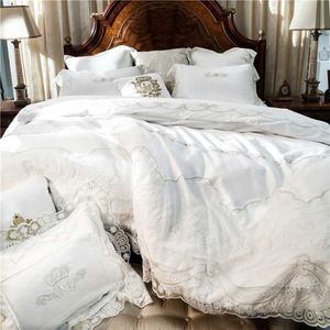 Ensembles de literie Style français blanc bord de dentelle romantique luxe princesse coton égyptien ensemble de literie housse de couette linge de lit drap de lit taies d'oreiller T200414