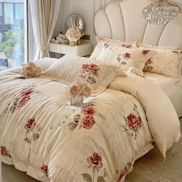 Conjuntos de ropa de cama Francés Vintage Rose Print 1000TC Algodón egipcio Patrón de flores suave y sedoso Juego de funda nórdica Sábanas Fundas de almohada