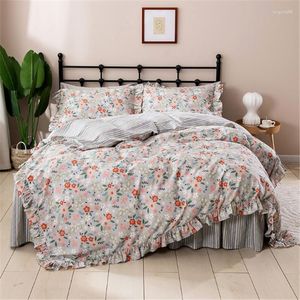 Ensembles de literie Frais Floral Style Pastoral Volants Jupe Style Ensemble Princesse Pur Coton Rayure Ropa De Cama Couvre Lit Housse de Couette