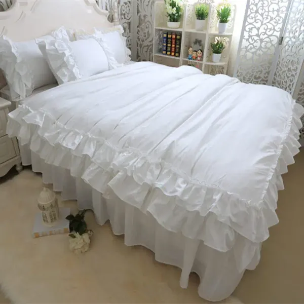 Ensembles de literie entièrement blancs doubles couches à volants couette à couverture de lit de lit de lit de lit de lin princesse brève maison chaude textile hm-15w
