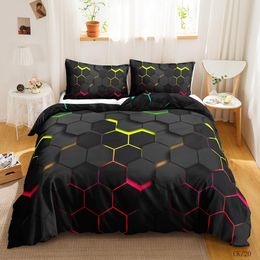 Juegos de ropa de cama Funda nórdica geométrica Juego de cama hexagonal de panal multicolor Tema geométrico Textura de metal Funda Qulit de poliéster aerodinámica 230324