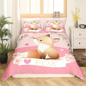 Conjuntos de ropa de cama Niñas Dibujos animados Fox Juego de funda nórdica Lindo Kawaii Animales Edredón Botánico Floral Colcha Tamaño completo