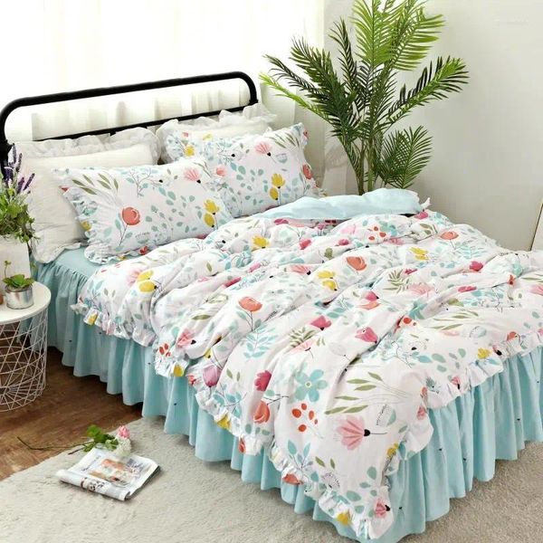 Literie sets filles couette couverture couvre-lit à volant fleurie florale feuilles de fleur de luxe princesse king