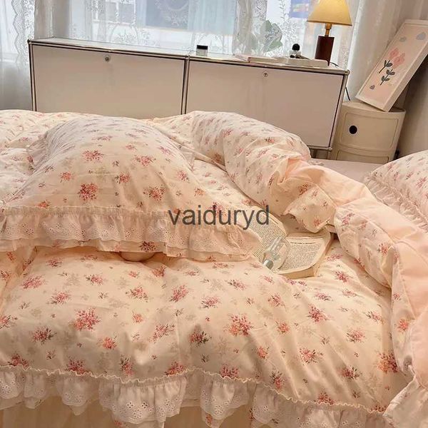 Conjuntos de ropa de cama Niñas Mujeres 100% algodón Individual Doble Rosa Funda nórdica floral Falda de cama Encaje blanco y volantes Exquisita artesanía setvaiduryd