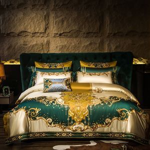 Beddengoed stelt goud en groen satijnen borduurwerk laderpet dekbedoverkap Queen King luxe koninklijke beddengoed sets katoenen laken beddende kussensloop 230506