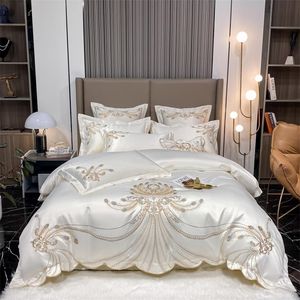 Bedding sets Gold Feather Embroidery Bedding Set Luxury Beige Satin Cotton Bedclothes Solid Color Duvet Cover Sheet Bedspread Pillowcases 221010