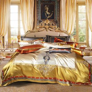 Beddengoed stelt Golden Blue Luxury Satin Silk Chic Borduurwerk 4/6/11pcs Tiger Decorator bekleding Coverter Cover Set Bed Sheet Pillowcases