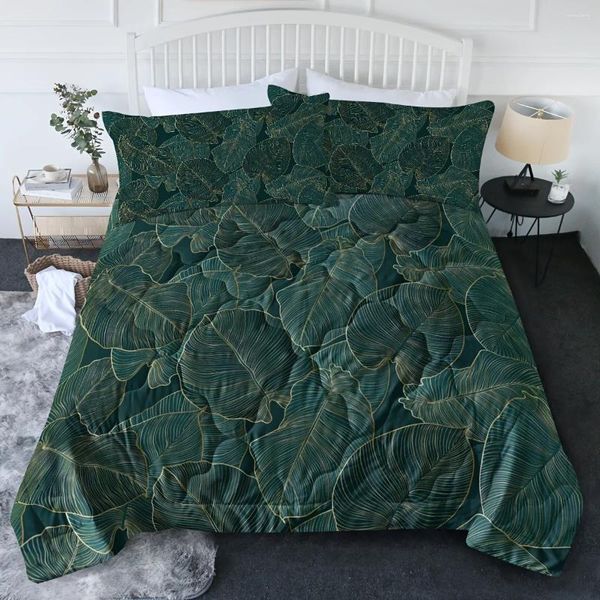 Ensembles de literie Golden Green Leaves Counforter Ensemble avec 2 Shams Forest Soft Cozy