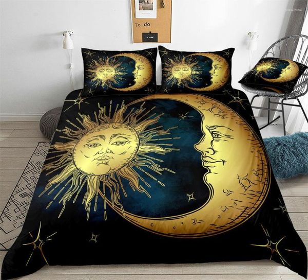 Juegos de ropa de cama Juego de funda nórdica Golden Sun And Moon Boho Astrology Magic Bed Star Linens Hand Drawn