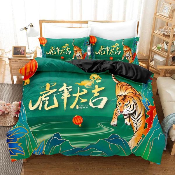 Conjuntos de ropa de cama Buena suerte en el año del tigre Juego de funda nórdica Estilo chino Rojo Verde Microfibra Moda Edredón moderno Fundas de almohada