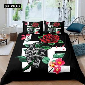 Beddengoedsets Gothic Sugar Skull Bone Set Skeleton Hand Trooster Cover Rozenblaadjes Romantische Bloemen Dekbed Polyester Quilt