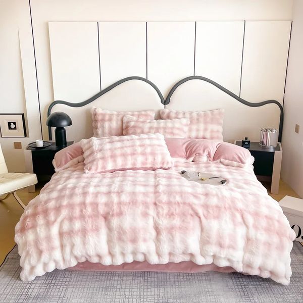 Conjuntos de ropa de cama Degradado Rosa Gris Púrpura Imitación Piel de conejo Terciopelo Conjunto de vellón Funda nórdica de felpa suave Sábana plana Fundas de almohada 231121