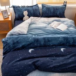 Ensemble de literie Set Gradient Night Sky imprimé Moon et étoiles Vêtements de lit bleu foncé pour les enfants Adultes Plein taille avec taie d'oreiller Polyester