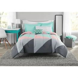 Juegos de cama Juego de edredón con sábanas, cama en una bolsa, geométrico, gris y verde azulado, 8 piezas, completo, 231202