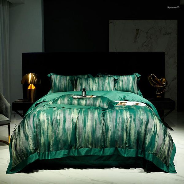 Ensembles de literie Vert Luxe Satin Brocade 1000TC Coton égyptien Patchwork Set Fil Teint Jacquard Housse de couette Drap de lit Taie d'oreiller