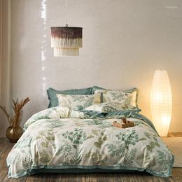 Conjuntos de ropa de cama Verde Moderno Estilo de impresión reactiva Juego de paja floreciente Funda nórdica Ropa de cama Sábana ajustable Fundas de almohada Textiles para el hogar