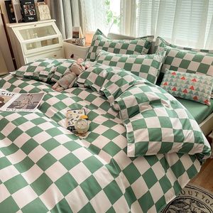 Ensembles de literie vert blanc damier ensemble géométrie housse de couette drap plat couette taie d'oreiller linge de lit maison Textile 230422