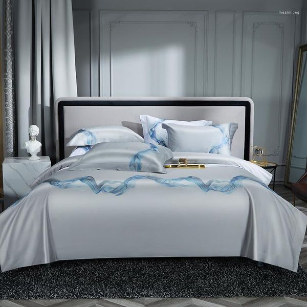 Ensembles de literie gris luxe 1000TC coton égyptien courbes ensemble de broderie housse de couette couvre-lit plat/drap de lit ajusté taies d'oreiller