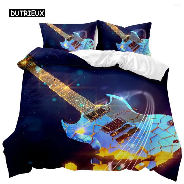 Juegos de ropa de cama Guitar Druvet Cover Set Twin Music Comforter Hip Hop Hippie Quilt Blue Polyester para Teen