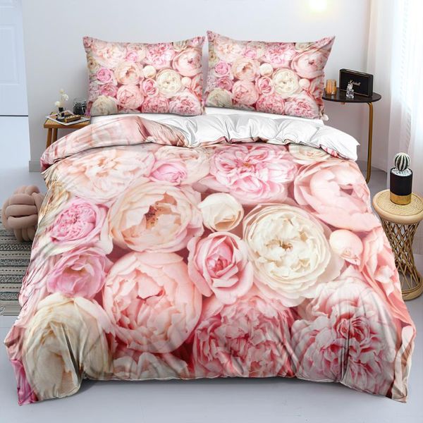 Juegos de cama HD Pink Cream Roses Juego de funda nórdica Manta / Edredón Twin Single Double King Size 240x210cm Ropa de cama para niñas y adultos