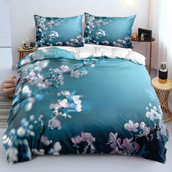 Ensembles de literie HD rose petite fleur linge de lit bleu housse de couette ensemble complet double roi taille 203x230 cm textile à la maison conception personnalisée
