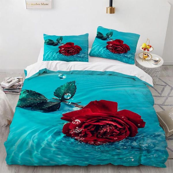 Conjuntos de ropa de cama Impresión HD Conjunto de cubierta de edredón de rosa roja Cama de boda 3D de alta calidad Textiles para el hogar Doble tamaño King