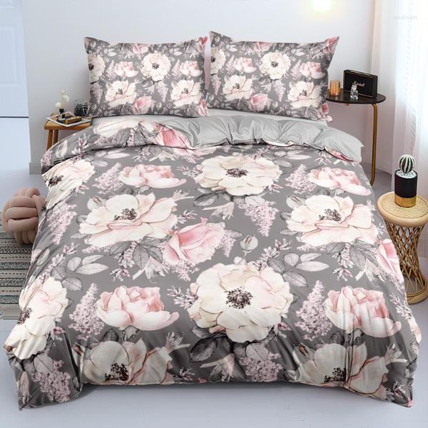 Ensembles de literie HD Simple Fleur Rose Linge de Lit Gris Couverture/Housse de Couette Ensemble Double Simple Double King Size 240x210cm Pour Filles Adultes