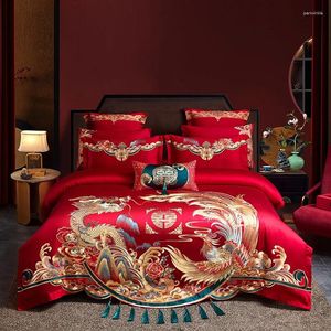 Conjuntos de ropa de cama de gama alta Boda china Gold Loong Phoenix Bordado Conjunto de lujo Rojo Egipcio Algodón Funda nórdica Sábana Fundas de almohada