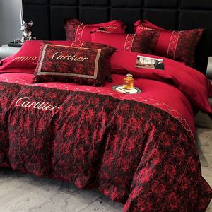Juegos de ropa de cama Juego de cama de boda de princesa de gama alta, colcha de algodón/funda nórdica con estampado de flores de rosas rojas de lujo, fundas de almohada 230823