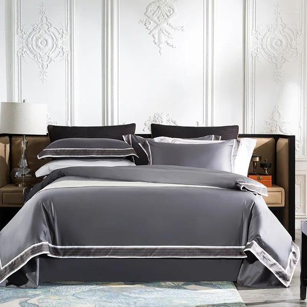 Conjuntos de ropa de cama de alto grado Textil Luxury Pure 10color Grey Egyptian Algody Line Satin Satin con funda de almohada/hoja de cama/cubierta nórdica