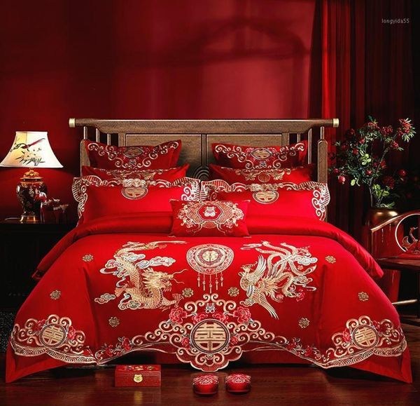 Ensembles de literie Highend Gold Phoenix Loong Broderie Mariage chinois 100 coton Rouge Ensemble Housse de couette Drap de lit Couvre-lit Taie d'oreiller 2142946