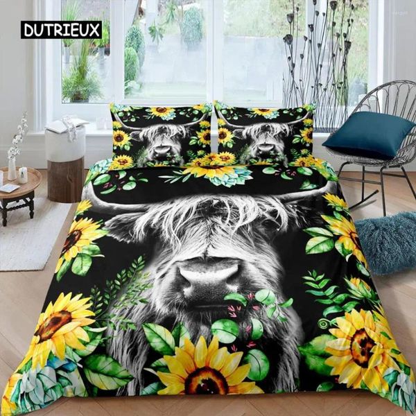 Sets de ropa de cama Highland Cow Dudvet Cover King Sunflower Negro Canado Negro Microfibra Animal de granja Western Farmhouse Edredón